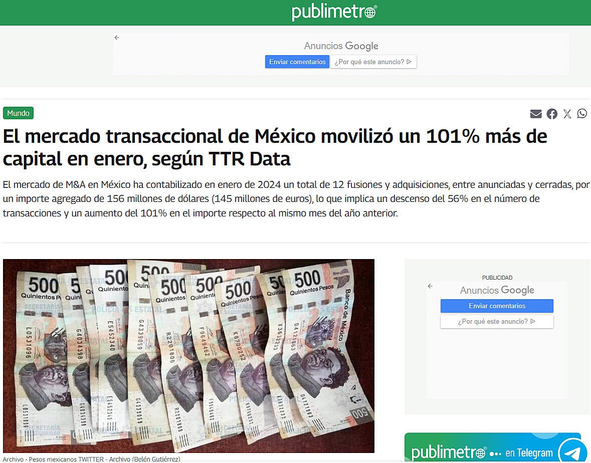 El mercado transaccional de Mxico moviliz un 101% ms de capital en enero, segn TTR Data